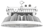 310W LED Shop Light 1 - angled view, white, led high bay fixture with integrated heat sink cooling fins and curved diffuser